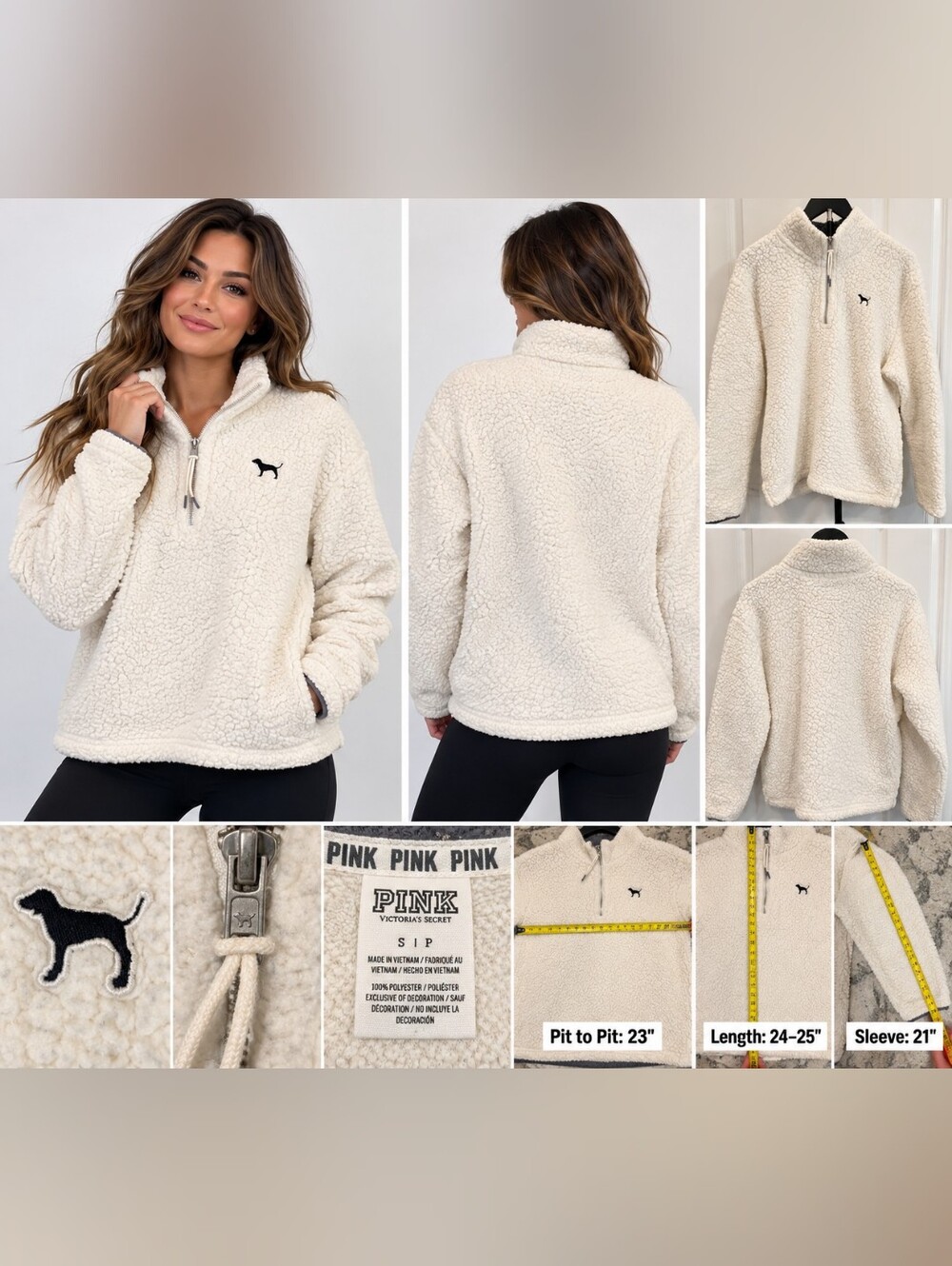 PINK Victoria’s Secret Sherpa Quarter Zip Pullover Cream Dog Logo S
